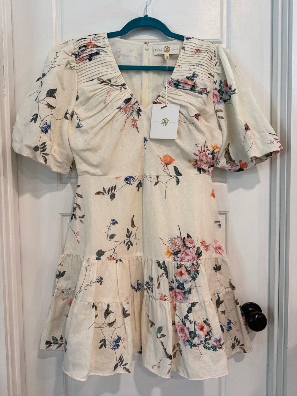 NWT Anna Cate Sloan Cream Floral Linen Mini Puff Sleeve Dress Size S